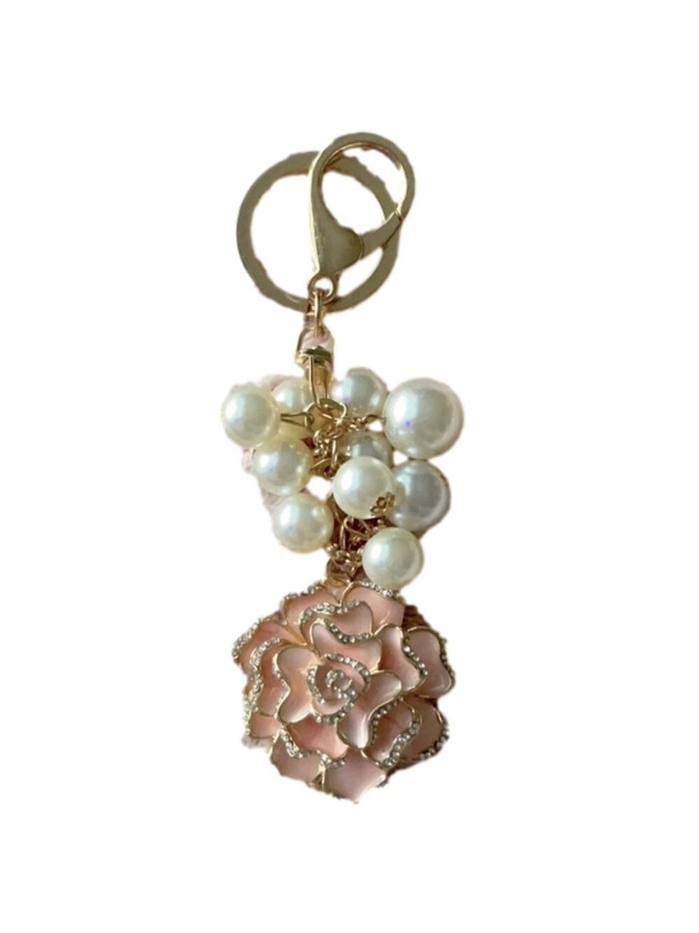Pink Camilla Flower Keychain Rhinestones Pearls Alloy